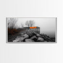 Fog Wall, Concrete Graffiti, Misty Lake Path, Framed Canvas Print, Urban Nature Blend, Moody Art, Hallway Decor, Modern Grayscale Style