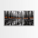 Reflected Forest, Orange Leaves, Tranquil River, Monochrome Fall, Canvas Print, Rustic Decor, Bedroom Wall Art, Woodland Scene