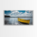 Yellow Rowboat, Calm Waters, Blue Sky, Sunny Lake – Framed Canvas Print, Summer Wall Art, Coastal Decor, Modern Nautical Style