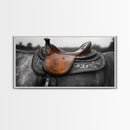Western Saddle, Leather Detail, Horseback Art, Rustic Charm, Framed Canvas Print, Cowboy Wall Art, Farmhouse Decor, Equestrian Living Room
