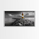 Yellow Lighthouse, Stone Jetty, Coastal Clouds, Nautical Scene, Framed Canvas Print, Coastal Wall Art, Office Decor, Lighthouse Photography