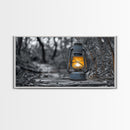 Lantern In Woods, Vintage Glow Light, Rustic Forest Scene, Canvas Print, Cabin Wall Art, Autumn Evening Mood, Minimalist Nature Decor