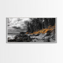 Autumn Coastline, Orange Forest Edge, Framed Canvas Print, Coastal Nature Art, Fall Wall Decor, Rustic Living Room Style, Moody Sky