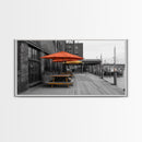 Urban Pier, Red Yellow Umbrellas, Waterfront Dining, Framed Canvas Print, Industrial Decor, Cafe Kitchen Wall Art, Cityscape Photography