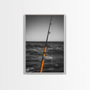 Fishing Pole, Ocean Rod, Angler Focus, Sea Horizon, Framed Canvas Print, Man Cave Wall Art, Sport Fishing Decor, Coastal Style Art