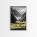 Yellow Meadow Valley, Foggy Mountain Scene, Serene Landscape Photography, Framed Canvas Print, Nature Lover Living Room Wall Art