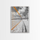 Volleyball Court, Sand and Net, Coastal Play, Framed Canvas Print, Sports Wall Art, Teen Room Decor, Summer Athletic Beach Vibes