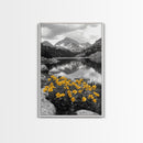 Yellow Wildflowers Lake, Alpine Meadow, Monochrome Landscape, Canvas Print, Kitchen Wall Art, Spring Nature Photography Decor