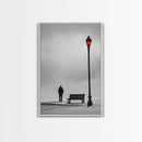 Red Street Lamp, Snowy Walkway, Silhouette Scene, Framed Canvas Print, Moody Wall Art, Minimalist Decor, Winter Vibes, Bedroom Accent