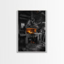 Forge Fire, Rustic Workshop, Industrial Heat, Metal Craft, Framed Canvas Print blacksmith decor, man cave wall art, moody workshop vibe