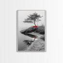 Red Bench, Misty Shore, Solitude Scene, Moody Fog Art, Framed Canvas Print, Minimalist Wall Art, Meditative Decor, Entryway Accent