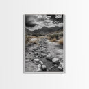 Desert Stream, Rocky Canyon, Moody Sky, Framed Canvas Print, Monochrome Landscape, Minimalist Art, Office or Entryway Decor
