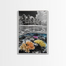 Island View, Coral Reef, Overwater Split Scene, Framed Canvas Print, Coastal Wall Art, Beach House Decor, Ocean Landscape Art