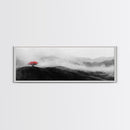 Lone Red Tree, Misty Hills, Minimalist Landscape, Framed Canvas Print, serene bedroom wall art, abstract black and white decor
