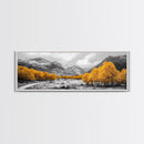 Golden Trees Trail, Snowy Peaks, Serene Landscape, Framed Canvas Print, Autumn Home Decor, Cozy Wall Art, Cabin Aesthetic