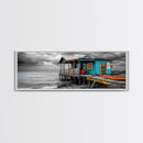 Rustic Shack, Ocean Pier, Stormy Skies, Tropical Retreat, Framed Canvas Print, Nautical Wall Art, Beach Cabin Decor, Lake House Style