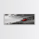 Red Boat, Rocky Shore, Dramatic Sky, Abandoned Vessel, Framed Canvas Print, Nautical Living Room Art, Moody Coastal Home Decor
