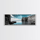 Serene Cove, Cliff Reflections, Blue Water, Coastal Escape, Framed Canvas Print, Tranquil Ocean Art, Bathroom or Spa Wall Decor