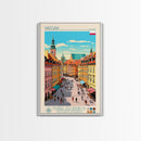 Warsaw Poland Travel Poster Framed Canvas Print, Midcentury Modern Art, Pop Art Wall Decor, Living Room Art, Scenic Wall Art