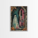 Ghostly Figure at Haunted Door Framed Canvas Print, Halloween Spirit Decor, Spooky Ghost Art, Haunted House Wall Art, Creepy Ghostly Print