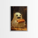 CHOMP! Cute Lil Ghost Eatin' a Dog, The Hot Dog Ghost, Haunted Hot Dog Thief, Framed Canvas Print, Halloween Art
