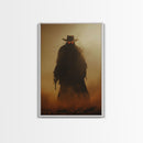 Mysterious Cowboy with Glowing Red Eyes in Desert | Halloween Wall Art | Spooky Home Decor | Creepy Cowboy Painting | Framed Canvas Print