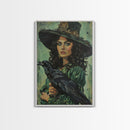 Raven Witch in Green Dress - Halloween Wall Art - Spooky Home Decor - Witch and Raven Painting - Gothic Halloween Decoration
