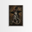 Mysterious Witch Holding Snake, Framed Canvas Print, Gothic Witch Art, Dark Fantasy Decor, Witch and Serpent, Halloween Accessories