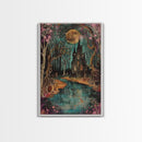 Haunted Castle by the Lake Framed Canvas Print, Halloween Wall Art, Spooky Art, Home Decor, Living Room Decor, Gothic Artwork, Creepy Castle