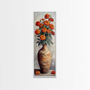 Orange Marigolds in Vase Painted on Textured Canvas, Tall and Narrow Framed Art, Botanical Art Print for Kitchen, Gallery Art, Moody Art