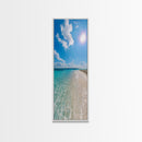 Serene Coastal Shoreline Landscape Painting in Blue and Orange Hues, Modern Framed Canvas Print, Ideal for Contemporary Wall Art Décor