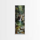 Framed Canvas Print Skinny Art of a Serene Waterfall Cascading into a Tranquil Pool in a Lush Forest Landscape, Perfect Tall Art for Nature Lovers