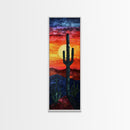 Desert Landscape with Saguaro Cactus Silhouette Against a Fiery Sunset on a Framed Canvas Print Skinny Art Piece