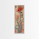 Bird Perched On Bright Red Lily Flower Skinny Art Tall Art Framed Canvas Print Japanese Style Art Ukiyo-e Art Wood Block Print Floral Detailed