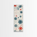 Festive Snowflakes In Red, Blue, And White On A Cream Background, Skinny Art Tall Wall Art Framed Canvas Print Japanese Style Art