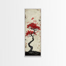 Red Maple Bonsai Tree Japanese Art Skinny Wall Art Framed Canvas Print with Windswept Branches and Red Leaves