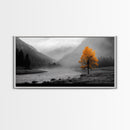 Autumn Tree in Fog, smoky mountain art, pine tree art, wabi sabi art, forest at dusk painting, fall wall art, rustic decor, Framed Canvas Print