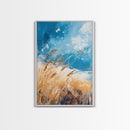 Wheat Field, blue sky, golden harvest, windy landscape, nature wall art, rustic decor, framed canvas print, farmhouse wall art