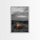 Beach bonfire, coastal art, ocean sunset, framed canvas print, nautical decor, seascape painting, cozy fire, moody beach art, fall vibes