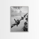 Barbed Wire, ocean view, rustic decor, coastal cowgirl wall art, wabi sabi art, moody photography, framed canvas print, minimalist art