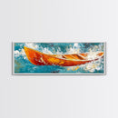 Boat in Waves, coastal wall art, nautical painting, extra wide horizontal art, ocean decor, farmhouse art, framed canvas print