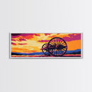 Sunset Wagon Wheel, pink orange wall art, bold color art, boho art, panoramic painting, extra wide art, framed canvas print, landscape painting