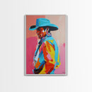 Profile of Stylish Cowboy in Hat - Framed Canvas Print, Colorful Western Art, Bold Cowboy Wall Art for Living Room