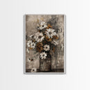 Rustic metal vase with daisies against a distressed background Framed Canvas Print - floral art, farmhouse decor, rustic wall art