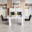 Table and chair set.64.5x35.4 Inch Stylish White Marble Textured Dining Table.Paried With 4 Black PU Chairs with a vertical stripe design on the backrest.Create Your Exclusive Low-Key Luxury Space.