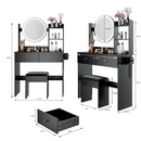 17' Round LED Mirror Vanity Table+Cushioned Stool, Equipped With 2 AC+2 USB Power Socket, Big Mirror, Touch Switch, 3 Colors, Adjustable Brightness, Large Desktop, Multi-layer High Capacity Storage