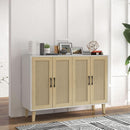 Buffet Storage Cabinet White Rattan Decor 4 Doors 48 Inch