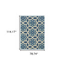 7' x 10' Ivory and Blue Geometric Stain Resistant Indoor Outdoor Area Rug