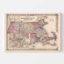 Vintage Map of Massachusetts & Rhode Island 1861
