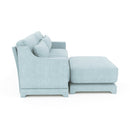 Elegant Two-Seater Sofa with Ottoman and Lumbar Pillows in Sky Blue Chenille, High-Quality Wood and Sponge